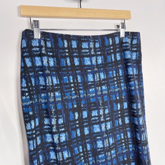 J Mclaughlin 6 Blue Plaid Print Knit Pencil Skirt Rayon Stretch Work Office - Picture 3 of 9